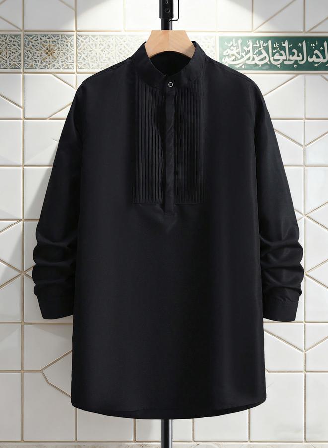 Take Two Men Black Plain Kurta with Stand Collar - Image 2